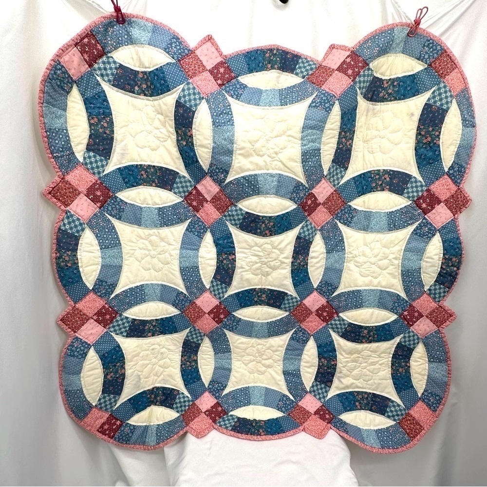 Hand Crafted Blue and Pink Double Wedding Ring Quilt Tapestry